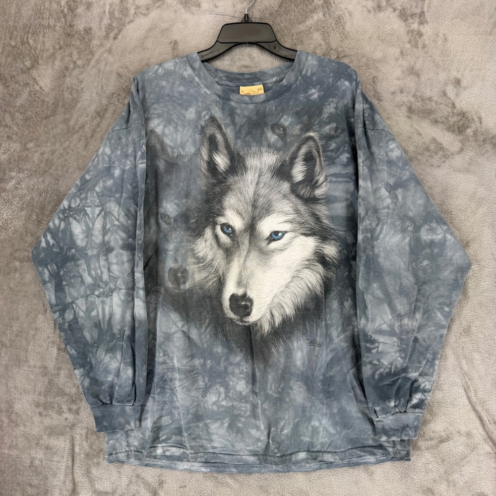 The Mountain T-Shirt Mens XXL Wolf Graphic Grey Tie Dye Long Sleeve EUC